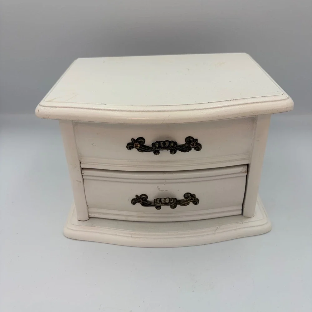 Vintage White Wooden Ballerina Musical Jewelry Box Wind Up Dresser Style